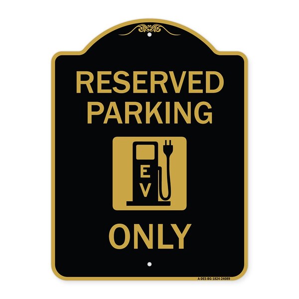 Ev W/ Electric Vehicle Charging Station Graphic, Black & Gold Alum Sign, 18" x 24", BG-1824-24089